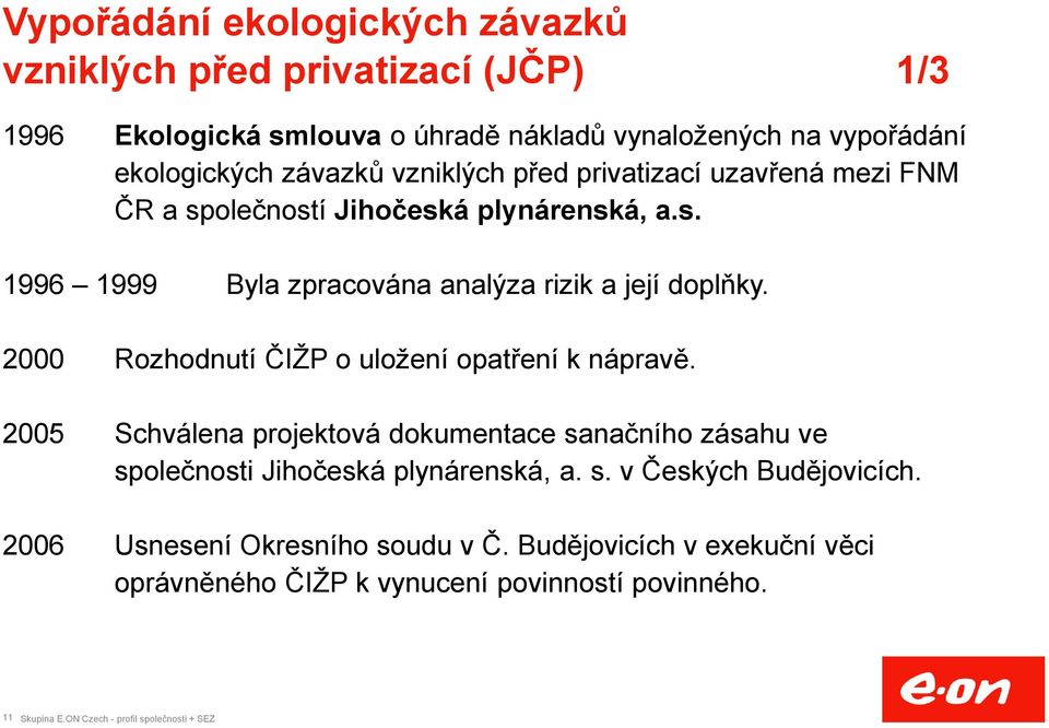 2000 Rozhodnutí ČIŽP o uložení opatření k nápravě. 2005 Schválena projektová dokumentace sanačního zásahu ve společnosti Jihočeská plynárenská, a. s. v Českých Budějovicích.