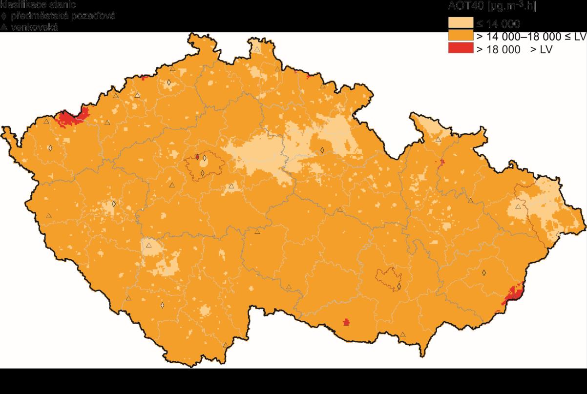 VYHODNOCENÍ INDIKÁTORU Obr. 1 Pole hodnot indexu AOT40, průměr za 5 let [μg.m -3.