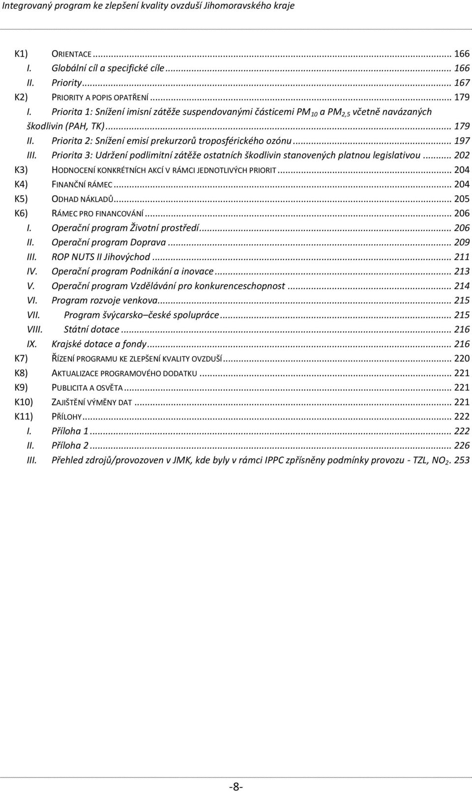 Priorita 3: Udržení podlimitní zátěže ostatních škodlivin stanovených platnou legislativou... 202 K3) HODNOCENÍ KONKRÉTNÍCH AKCÍ V RÁMCI JEDNOTLIVÝCH PRIORIT... 204 K4) FINANČNÍ RÁMEC.