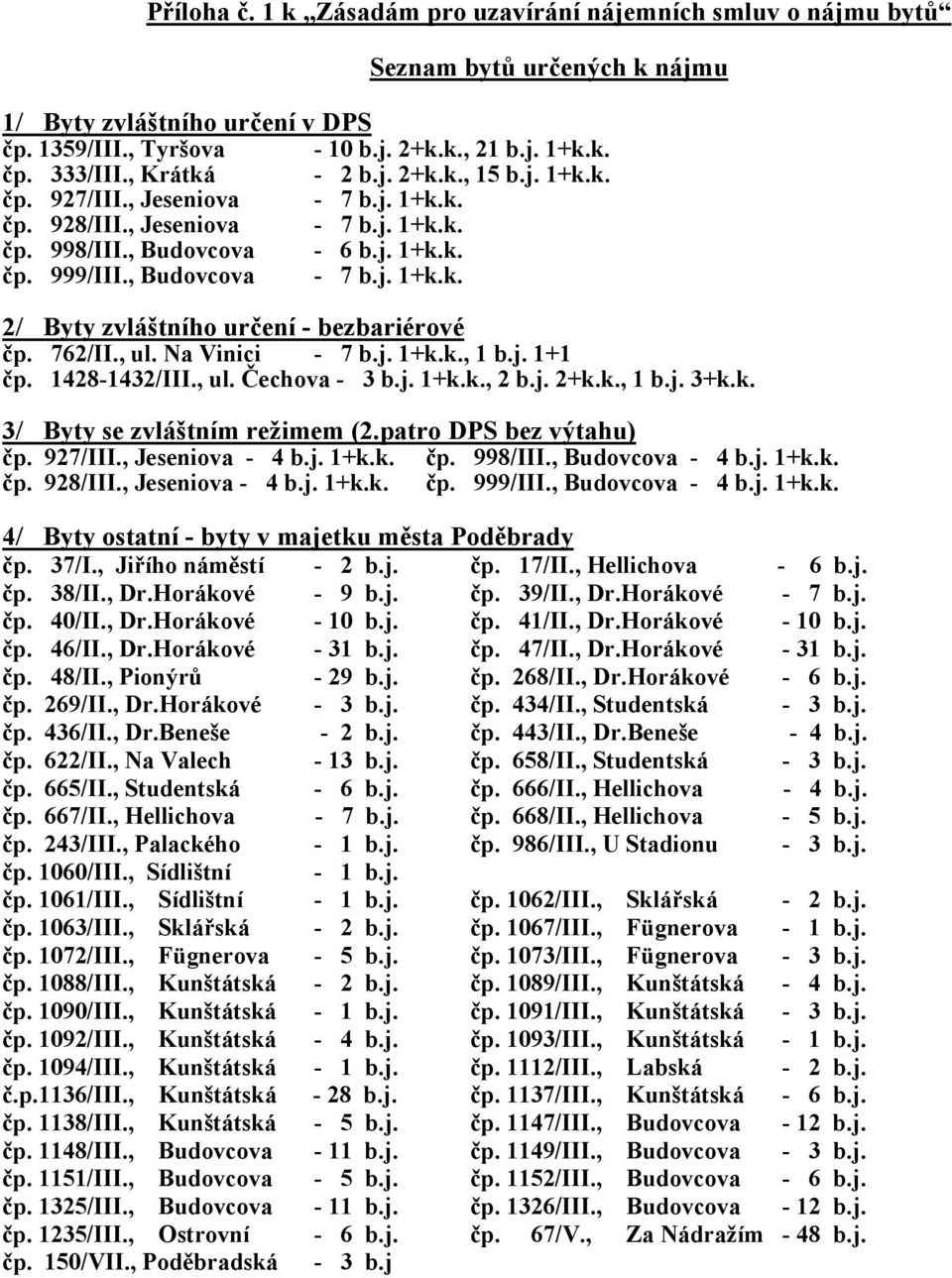 762/II., ul. Na Vinici - 7 b.j. 1+k.k., 1 b.j. 1+1 čp. 1428-1432/III., ul. Čechova - 3 b.j. 1+k.k., 2 b.j. 2+k.k., 1 b.j. 3+k.k. 3/ Byty se zvláštním režimem (2.patro DPS bez výtahu) čp. 927/III.