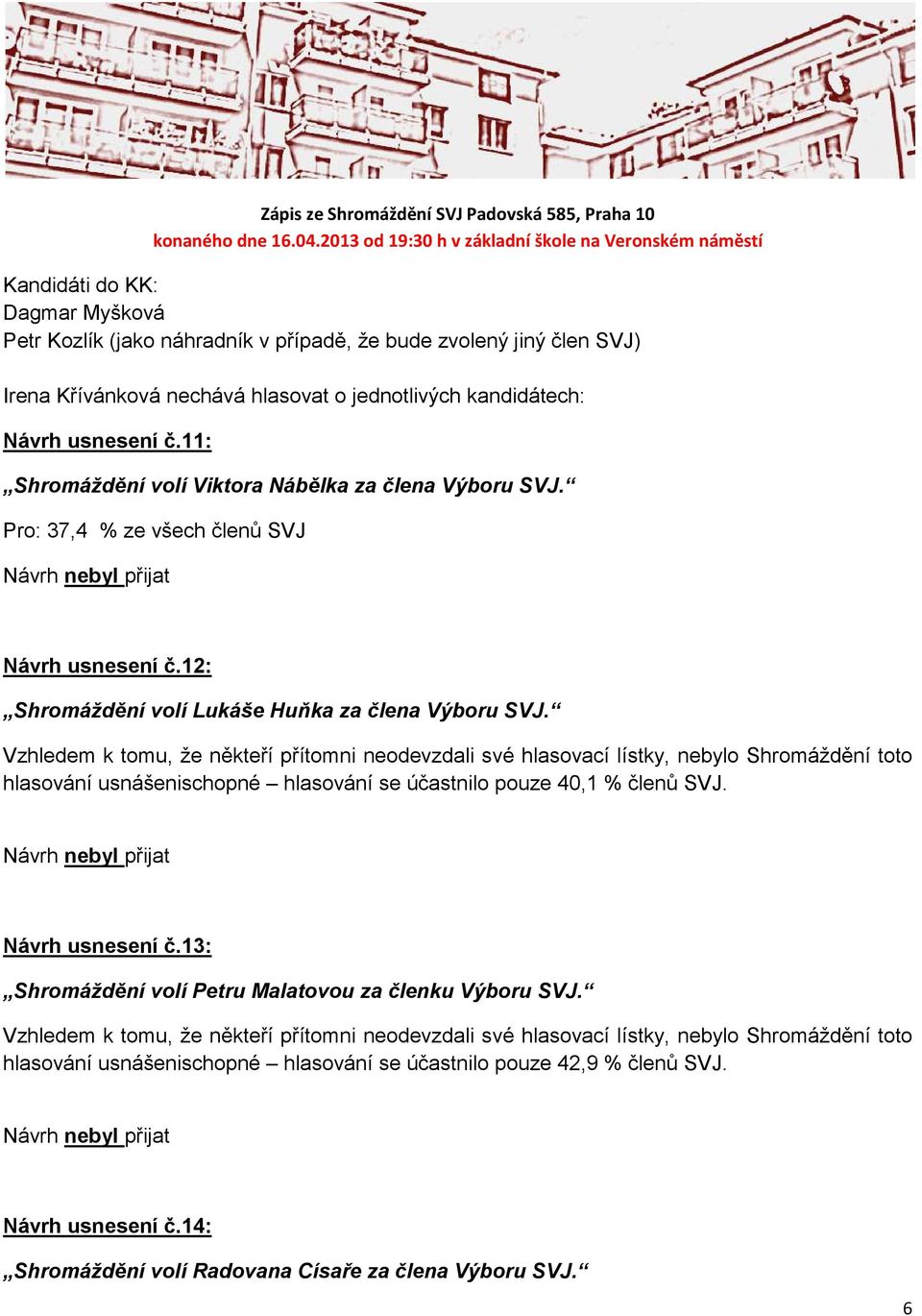 Vzhledem k tomu, že někteří přítomni neodevzdali své hlasovací lístky, nebylo Shromáždění toto hlasování usnášenischopné hlasování se účastnilo pouze 40,1 % členů SVJ. Návrh usnesení č.