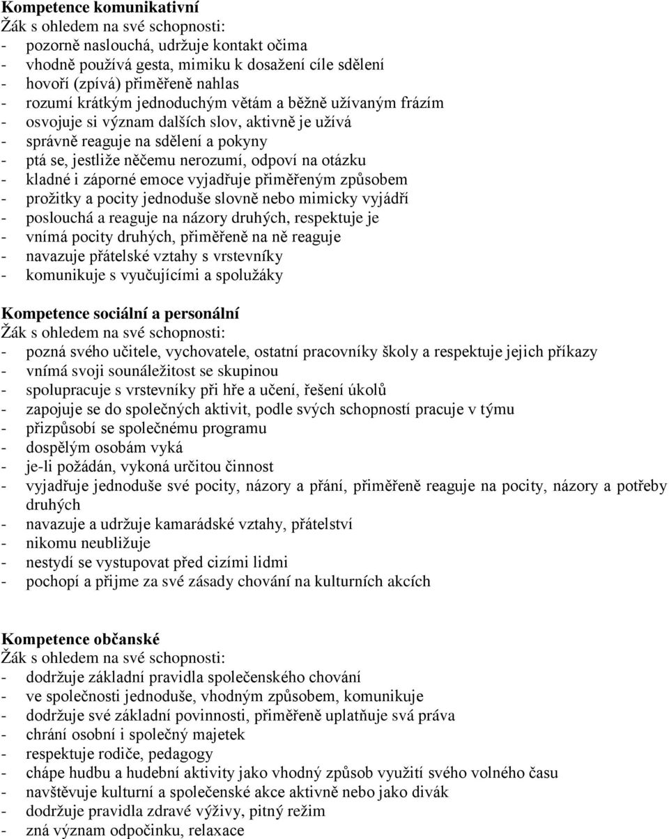 přiměřeným způsobem - prožitky a pocity jednoduše slovně nebo mimicky vyjádří - poslouchá a reaguje na názory druhých, respektuje je - vnímá pocity druhých, přiměřeně na ně reaguje - navazuje