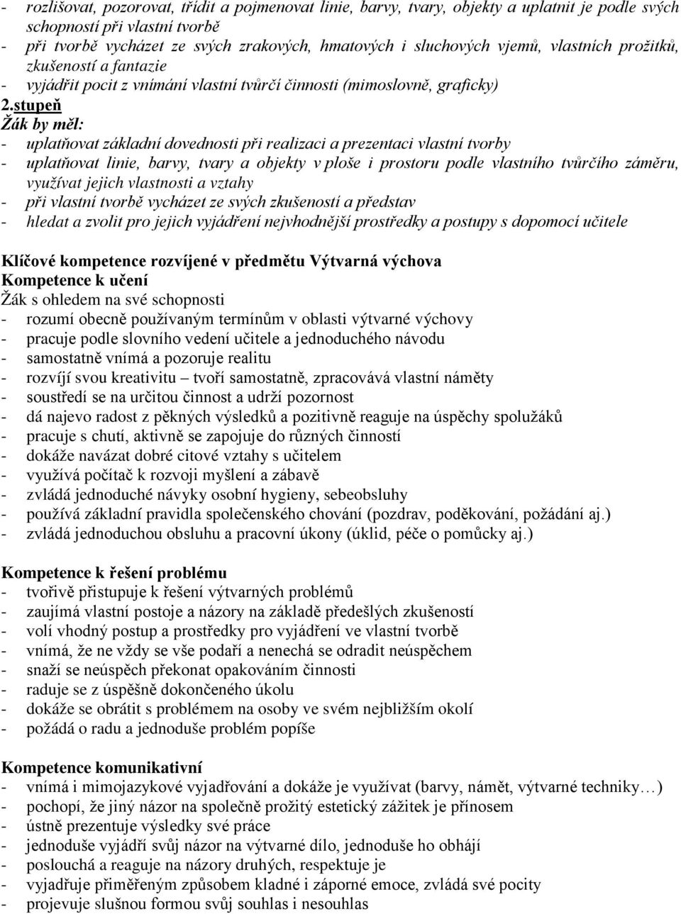 stupeň Žák by měl: - uplatňovat základní dovednosti při realizaci a prezentaci vlastní tvorby - uplatňovat linie, barvy, tvary a objekty v ploše i prostoru podle vlastního tvůrčího záměru, využívat