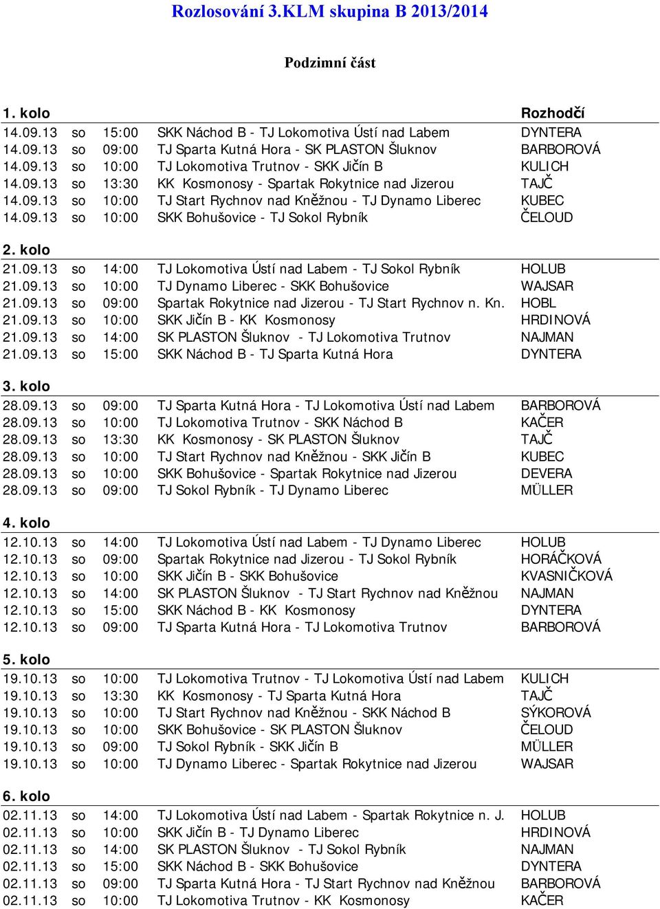 09.13 so 10:00 SKK Bohušovice - TJ Sokol Rybník ČELOUD 2. kolo 21.09.13 so 14:00 TJ Lokomotiva Ústí nad Labem - TJ Sokol Rybník HOLUB 21.09.13 so 10:00 TJ Dynamo Liberec - SKK Bohušovice WAJSAR 21.09.13 so 09:00 Spartak Rokytnice nad Jizerou - TJ Start Rychnov n.