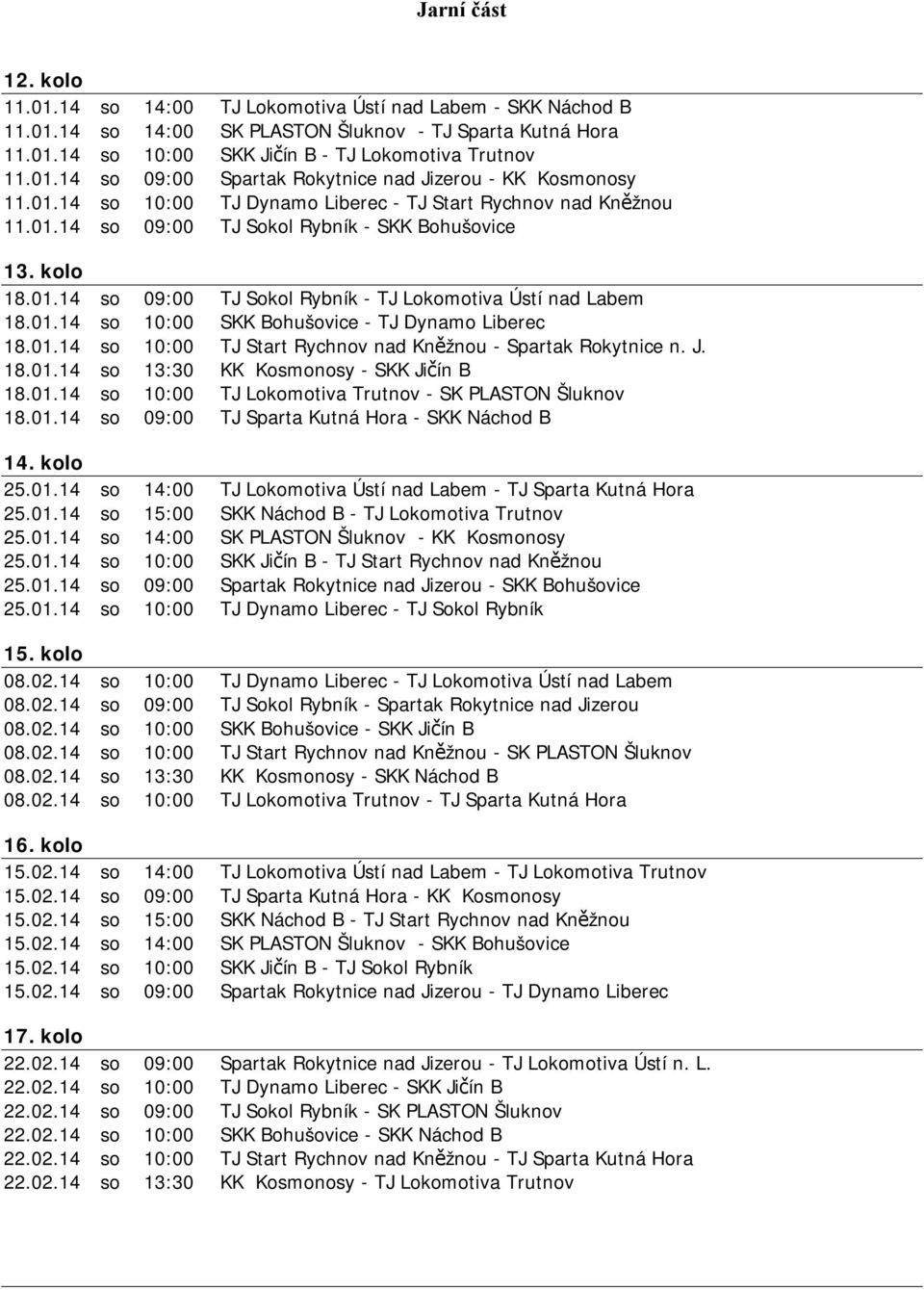 01.14 so 10:00 SKK Bohušovice - TJ Dynamo Liberec 18.01.14 so 10:00 TJ Start Rychnov nad Kněžnou - Spartak Rokytnice n. J. 18.01.14 so 13:30 KK Kosmonosy - SKK Jičín B 18.01.14 so 10:00 TJ Lokomotiva Trutnov - SK PLASTON Šluknov 18.