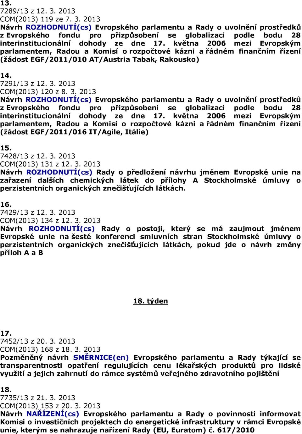 2013 Návrh ROZHODNUTÍ(cs) Evropského parlamentu a Rady o uvolnění prostředků z Evropského fondu pro přizpůsobení se globalizaci podle bodu 28 interinstitucionální dohody ze dne 17.