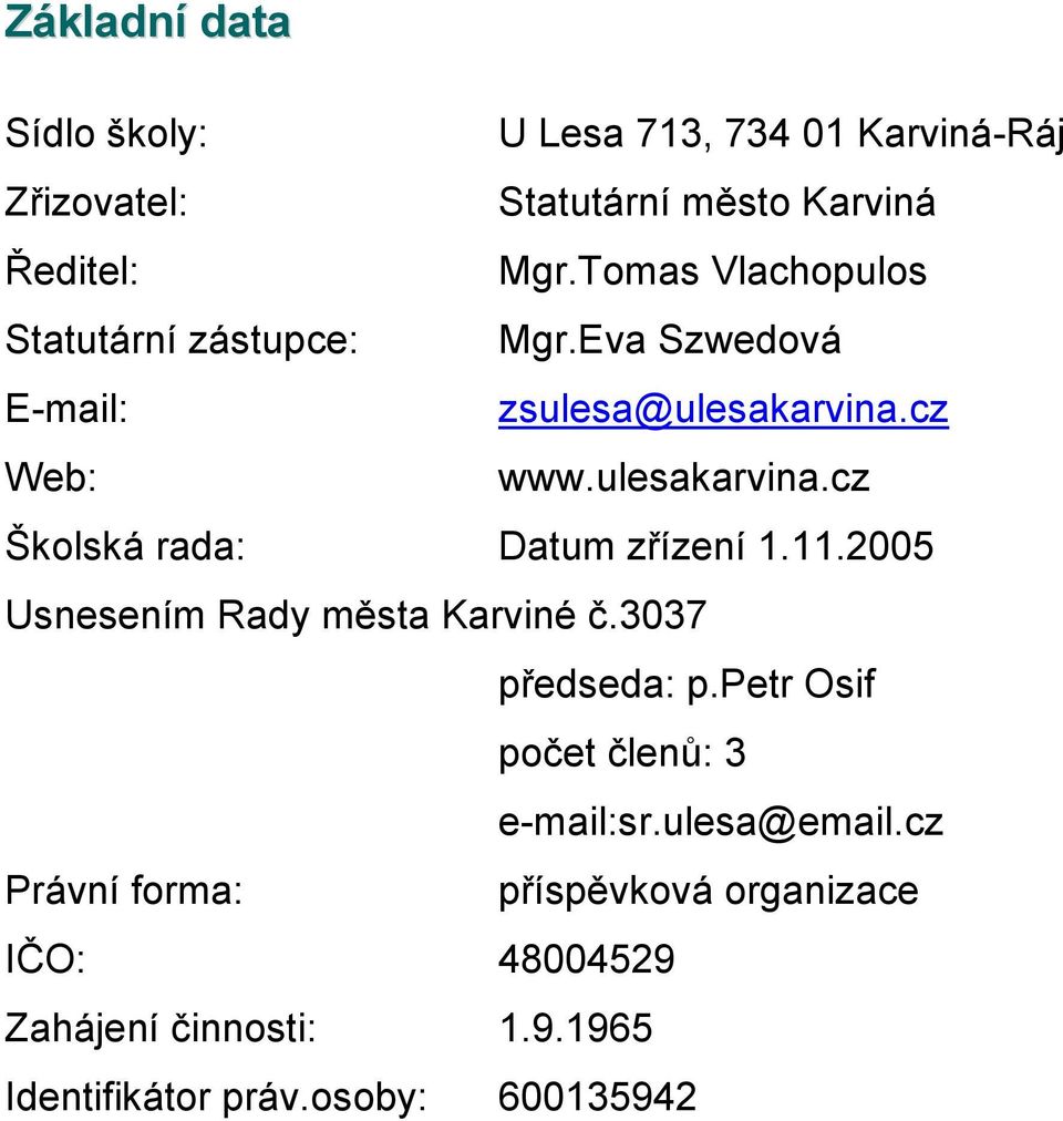 11.2005 Usnesením Rady města Karviné č.3037 předseda: p.petr Osif počet členů: 3 e-mail:sr.ulesa@email.