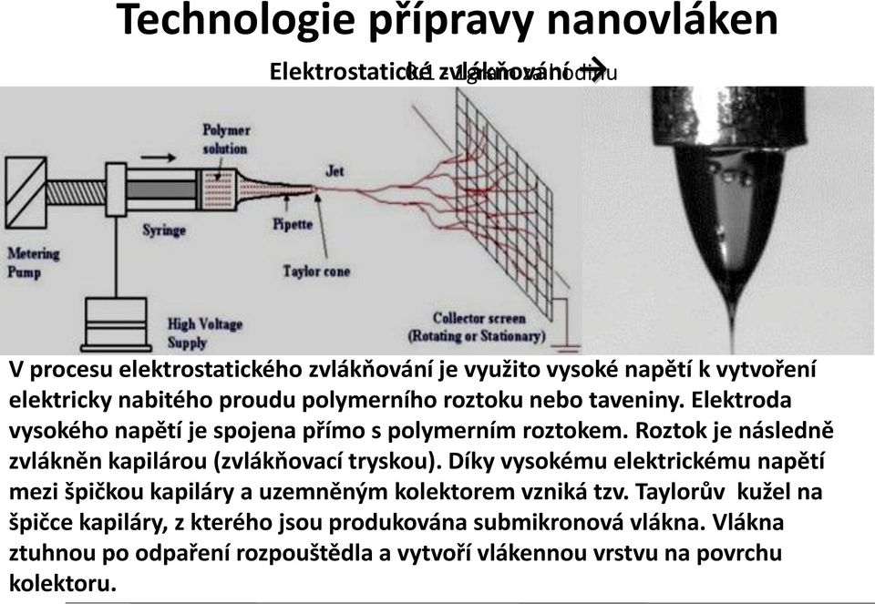 roztoku nebo taveniny. Elektroda vysokého napětí je spojena přímo s polymerním roztokem. Roztok je následně zvlákněn kapilárou (zvlákňovací tryskou).