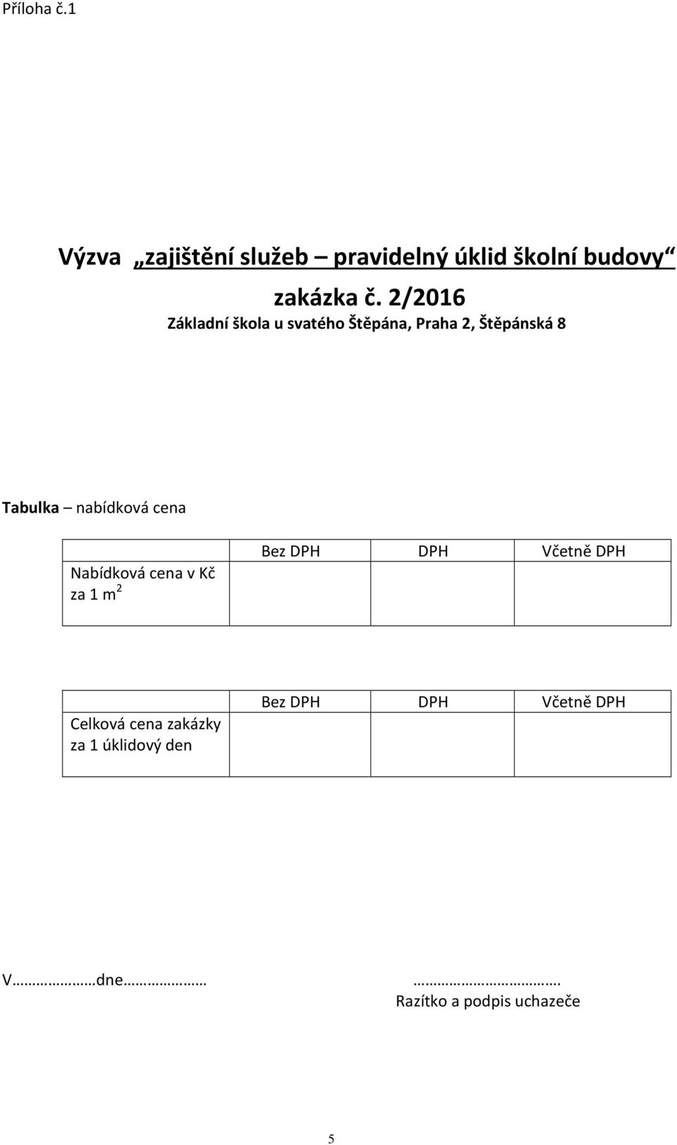 nabídková cena Nabídková cena v Kč za 1 m 2 Bez DPH DPH Včetně DPH Celková