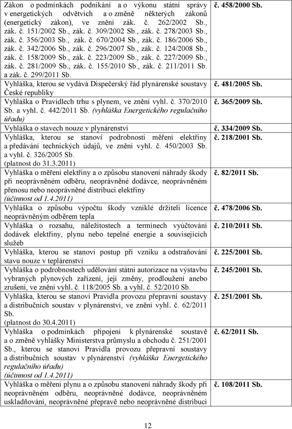 č. 299/2011 Vyhláška, kterou se vydává Dispečerský řád plynárenské soustavy České republiky Vyhláška o Pravidlech trhu s plynem, ve znění vyhl. č.