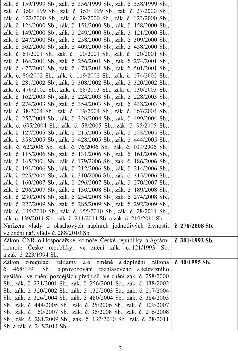 č. 120/2001, zák. č. 164/2001, zák. č. 256/2001, zák. č. 274/2001, zák. č. 477/2001, zák. č. 478/2001, zák. č. 501/2001, zák. č. 86/2002, zák. č. 119/2002, zák. č. 174/2002, zák. č. 281/2002, zák. č. 308/2002, zák.