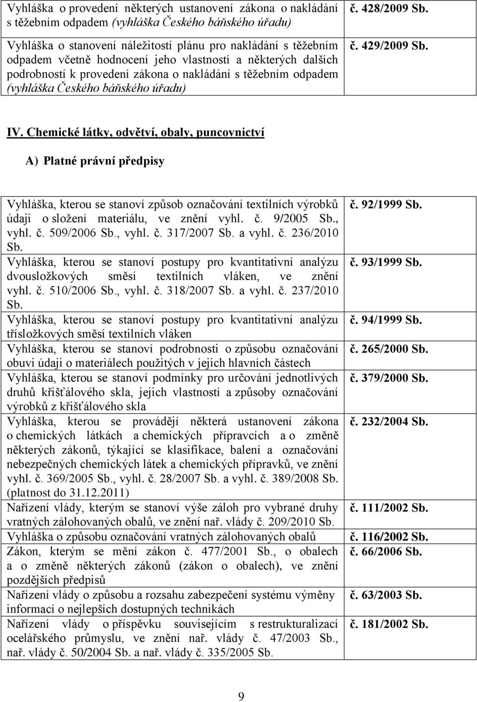 Chemické látky, odvětví, obaly, puncovnictví A) Platné právní předpisy Vyhláška, kterou se stanoví způsob označování textilních výrobků údaji o složení materiálu, ve znění vyhl. č. 9/2005, vyhl. č. 509/2006, vyhl.