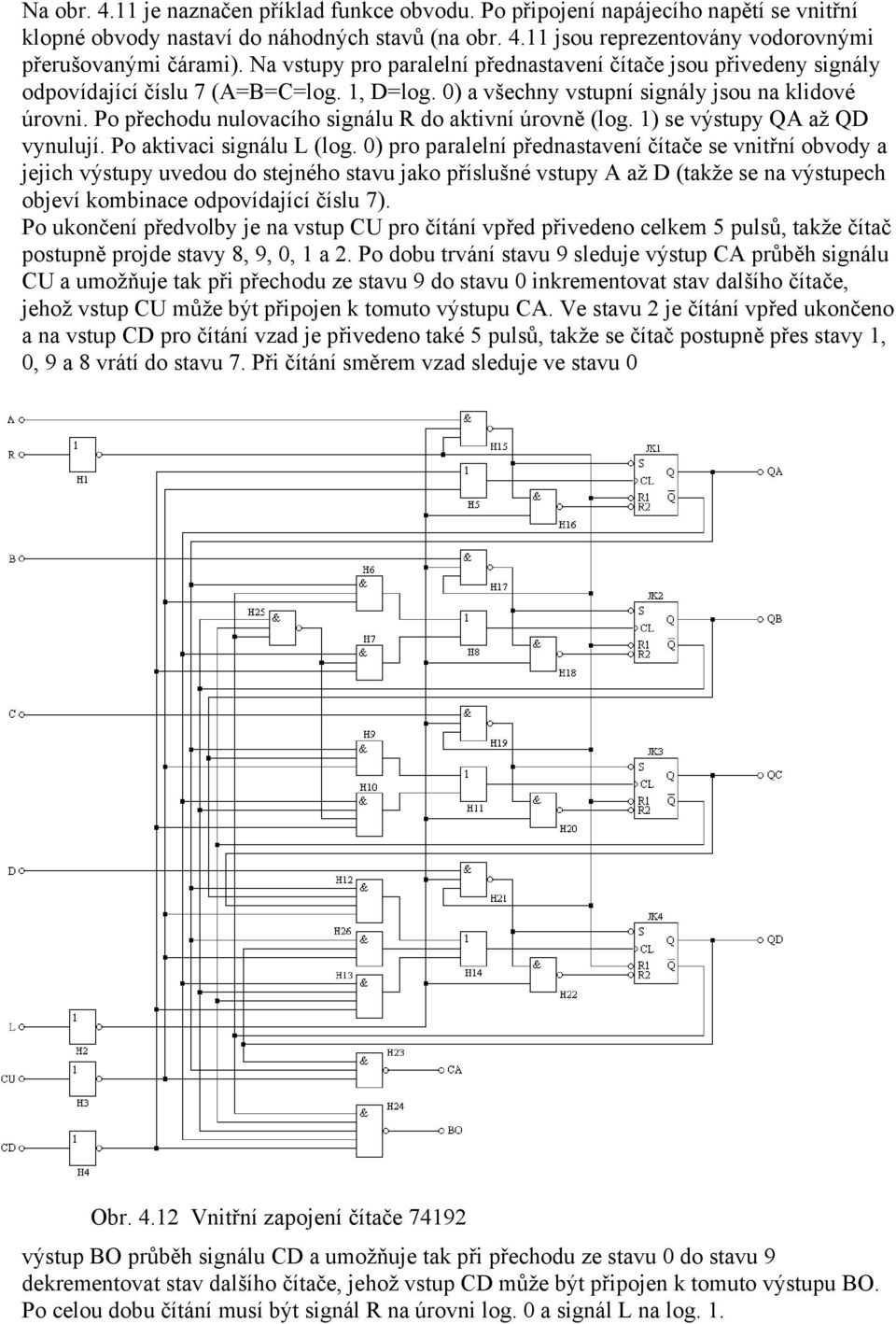 Po přechodu nulovacího signálu R do aktivní úrovně (log. 1) se výstupy QA až QD vynulují. Po aktivaci signálu L (log.