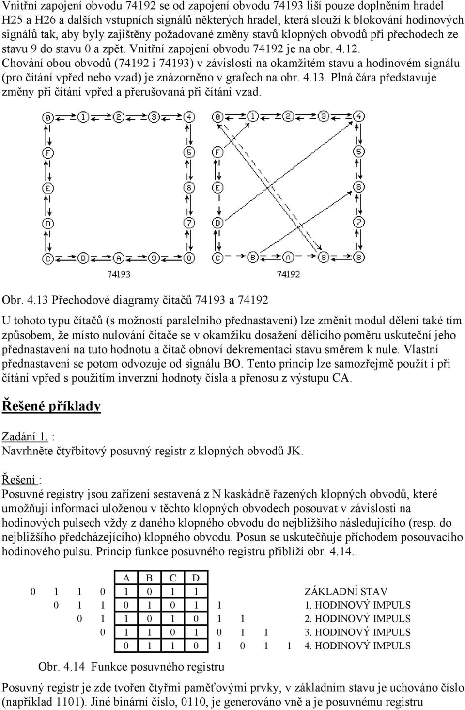 Chování obou obvodů (74192 i 74193) v závislosti na okamžitém stavu a hodinovém signálu (pro čítání vpřed nebo vzad) je znázorněno v grafech na obr. 4.13.