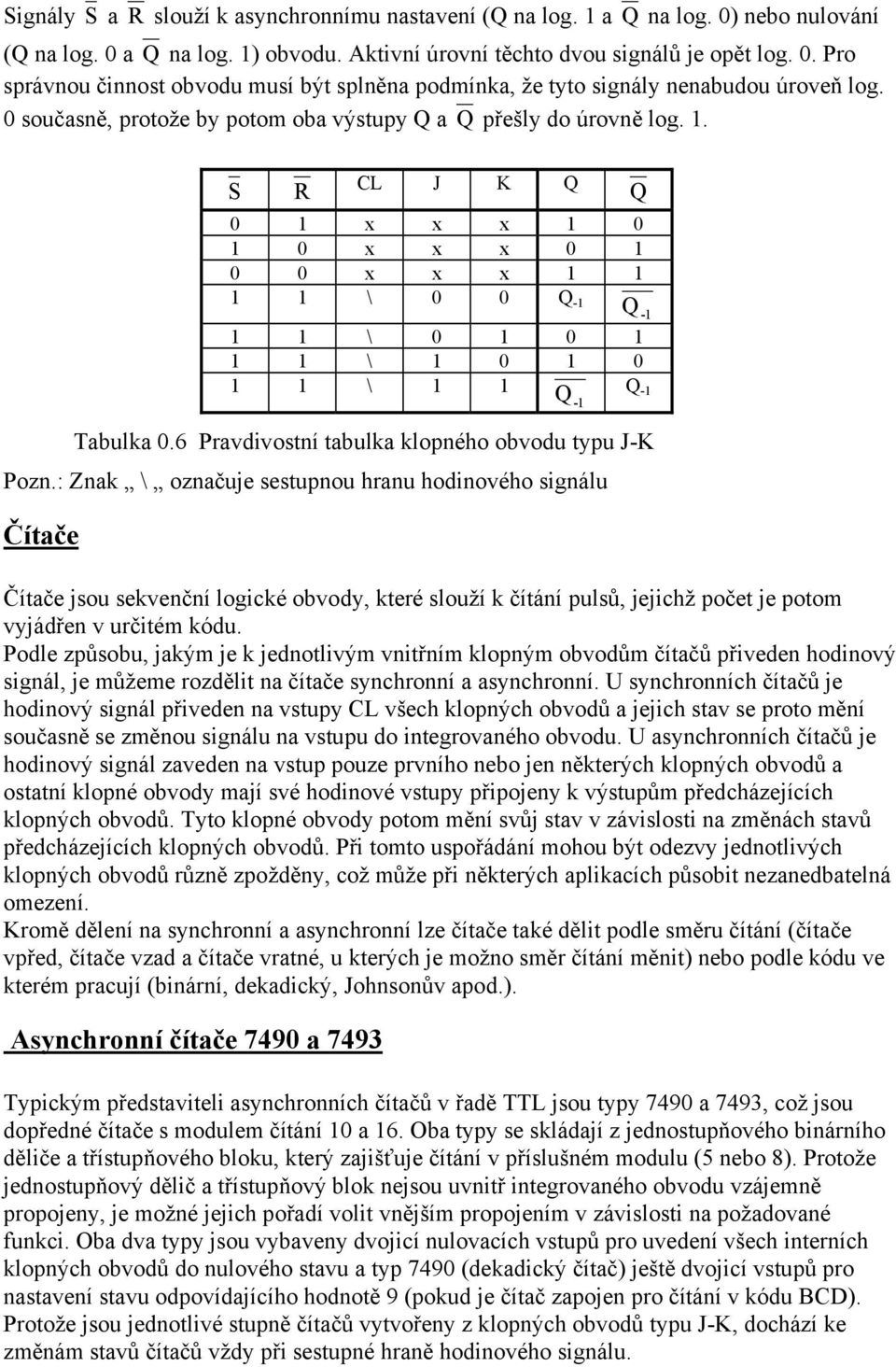 S R CL J K Q Q 0 1 x x x 1 0 1 0 x x x 0 1 0 0 x x x 1 1 1 1 \ 0 0 Q -1 Q -1 1 1 \ 0 1 0 1 1 1 \ 1 0 1 0 1 1 \ 1 1 Q -1 Q -1 Tabulka 0.6 Pravdivostní tabulka klopného obvodu typu J-K Pozn.