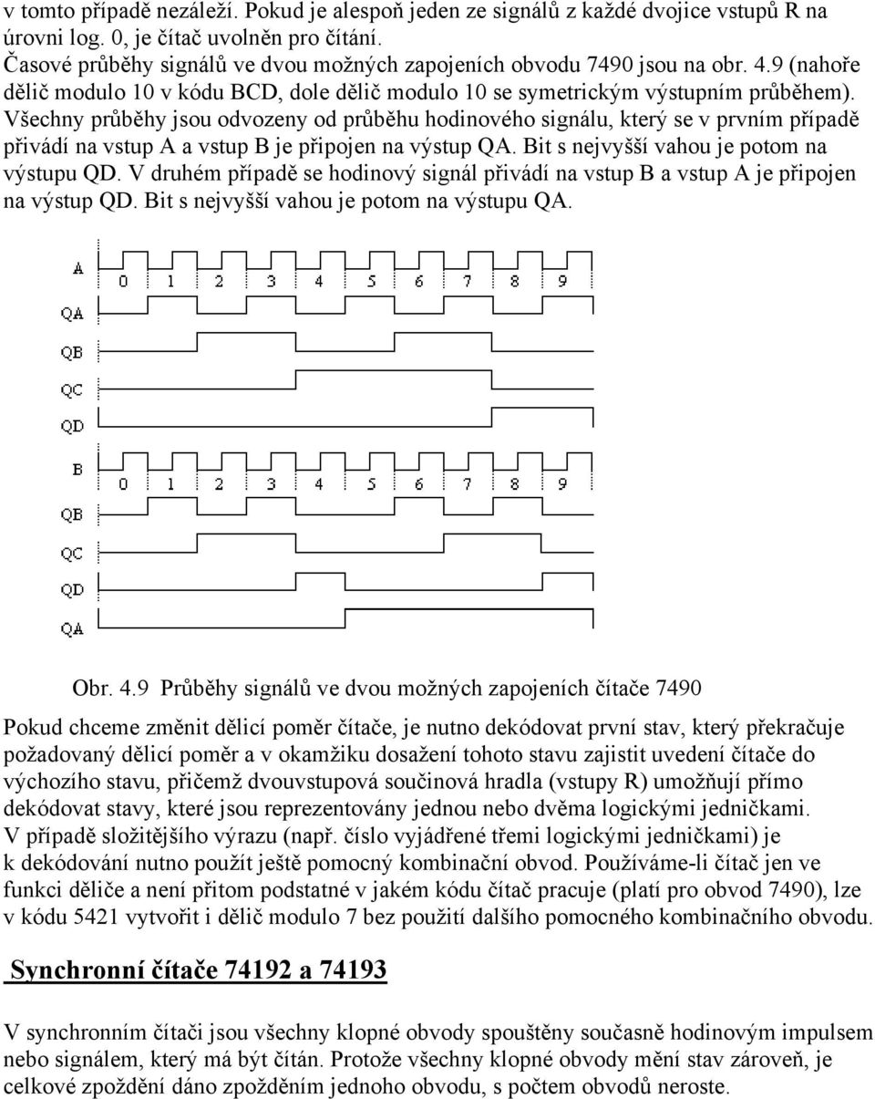 Všechny průběhy jsou odvozeny od průběhu hodinového signálu, který se v prvním případě přivádí na vstup A a vstup B je připojen na výstup QA. Bit s nejvyšší vahou je potom na výstupu QD.