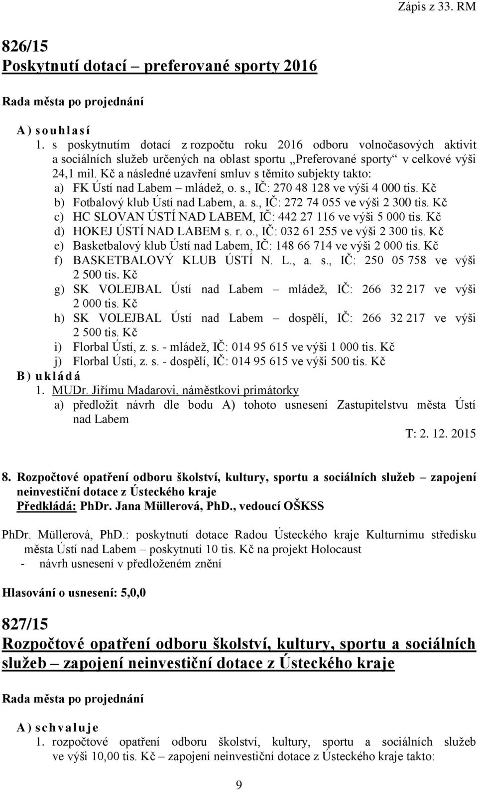 Kč a následné uzavření smluv s těmito subjekty takto: a) FK Ústí nad Labem mládež, o. s., IČ: 270 48 128 ve výši 4 000 tis. Kč b) Fotbalový klub Ústí nad Labem, a. s., IČ: 272 74 055 ve výši 2 300 tis.