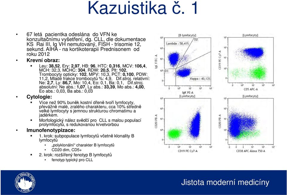 PCT: 0,100, PDW: 11,2, Mladé frakce trombocytů %: 4,9, Dif.stroj. relativní: Ne: 2,7, Ly: 86,7, Mo: 10,4, Eo: 0,1, Ba: 0,1, Dif.stroj. absolutní: Ne abs.: 1,07, Ly abs.: 33,39, Mo abs.: 4,00, Eo abs.