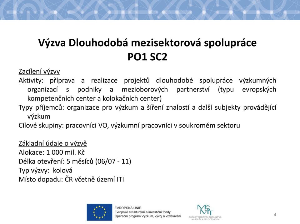 organizace pro výzkum a šíření znalostí a další subjekty provádějící výzkum Cílové skupiny: pracovníci VO, výzkumní pracovníci