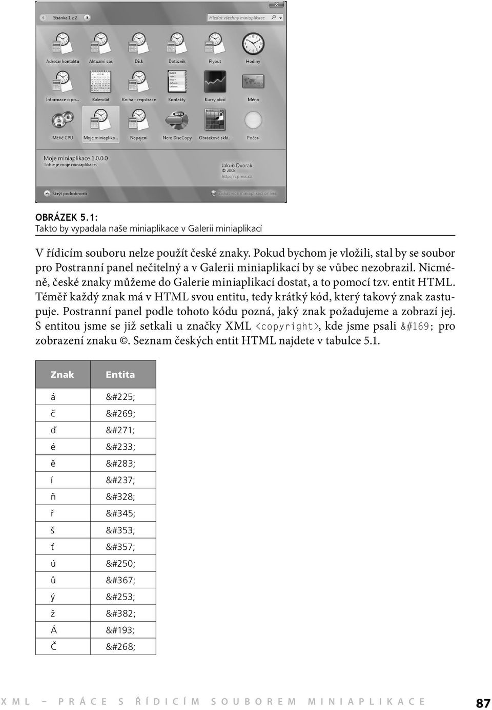 Nicméně, české znaky můžeme do Galerie miniaplikací dostat, a to pomocí tzv. entit HTML. Téměř každý znak má v HTML svou entitu, tedy krátký kód, který takový znak zastupuje.