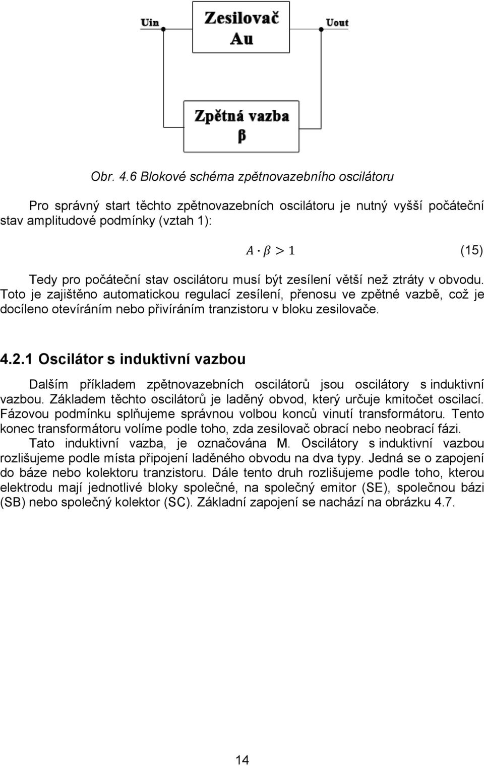 musí být zesílení větší než ztráty v obvodu. Toto je zajištěno automatickou regulací zesílení, přenosu ve zpětné vazbě, což je docíleno otevíráním nebo přivíráním tranzistoru v bloku zesilovače. 4.2.