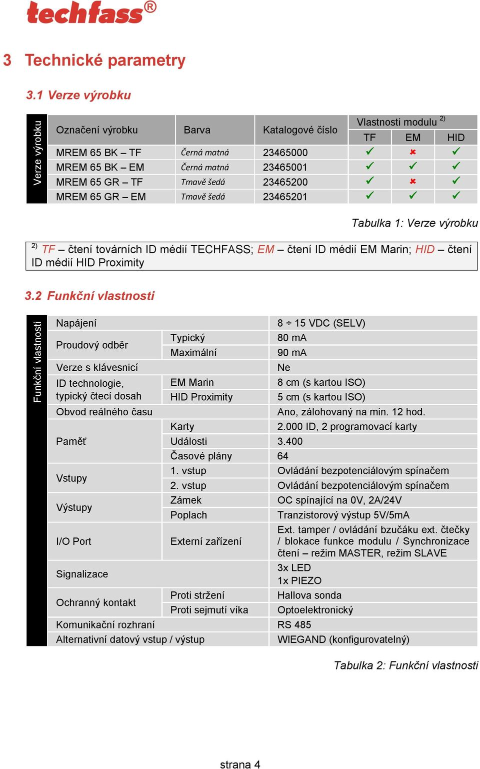 23465200 MREM 65 GR EM Tmavě šedá 23465201 Tabulka 1: Verze výrobku 2) TF čtení továrních ID médií TECHFASS; EM čtení ID médií EM Marin; HID čtení ID médií HID Proximity 3.