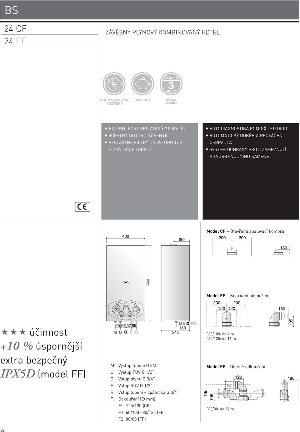 komora Model FF Koaxiální odkouření BS účinnost +10 % úspornější extra bezpečný IPX5D (model FF) M: Výstup topení G 3/4 U: Výstup TUV G 1/2 G: Vstup plynu G 3/4 E: Vstup SUV G