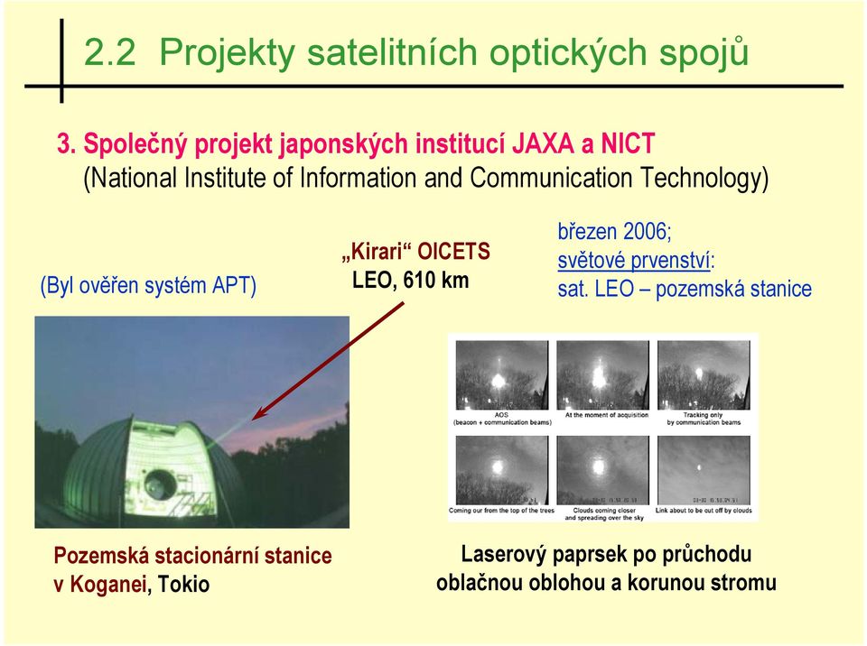 Communication Technology) (Byl ověřen systém APT) Kirari OICETS LEO, 610 km březen 2006;