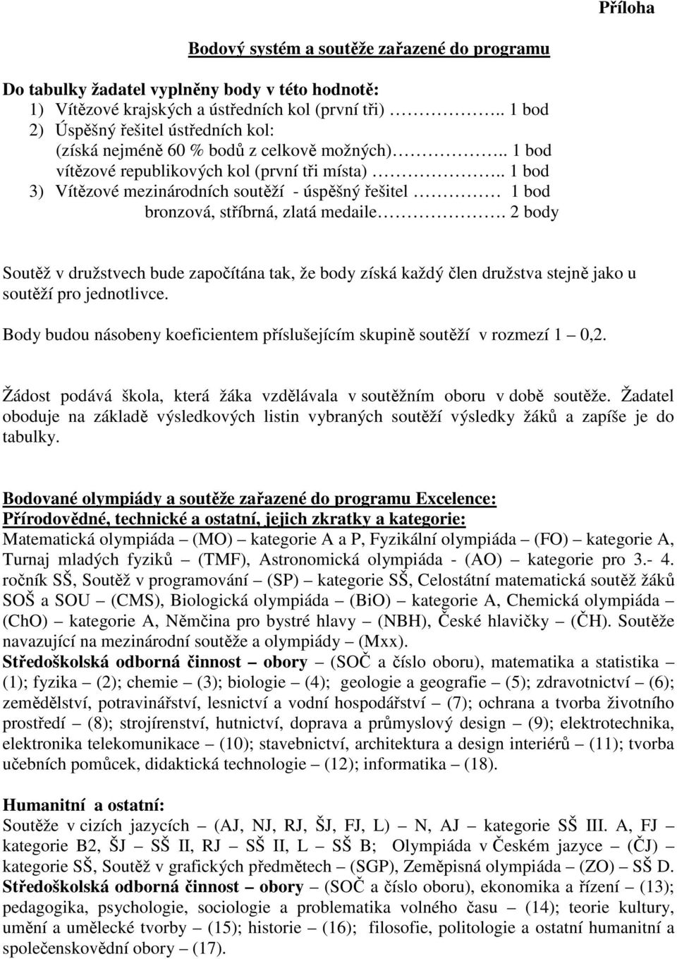 . 1 bod 3) Vítězové mezinárodních soutěží - úspěšný řešitel 1 bod bronzová, stříbrná, zlatá medaile.