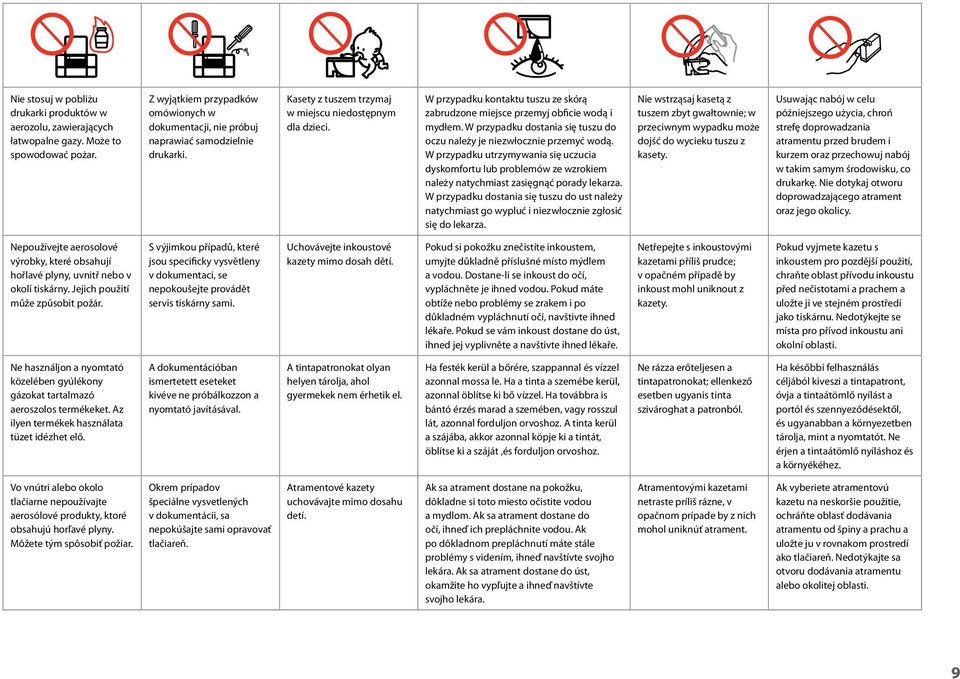 W przypadku kontaktu tuszu ze skórą zabrudzone miejsce przemyj obficie wodą i mydłem. W przypadku dostania się tuszu do oczu należy je niezwłocznie przemyć wodą.