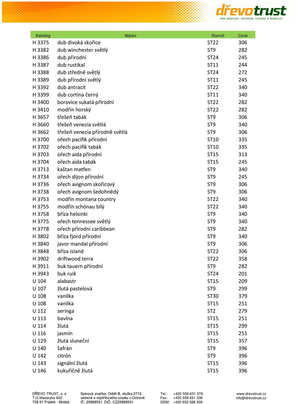 340 H 3662 třešeň venezia přírodně světlá ST9 306 H 3700 ořech pacifik přírodní ST10 335 H 3702 ořech pacifik tabák ST10 335 H 3703 ořech aida přírodní ST15 313 H 3704 ořech aida tabák ST15 245 H