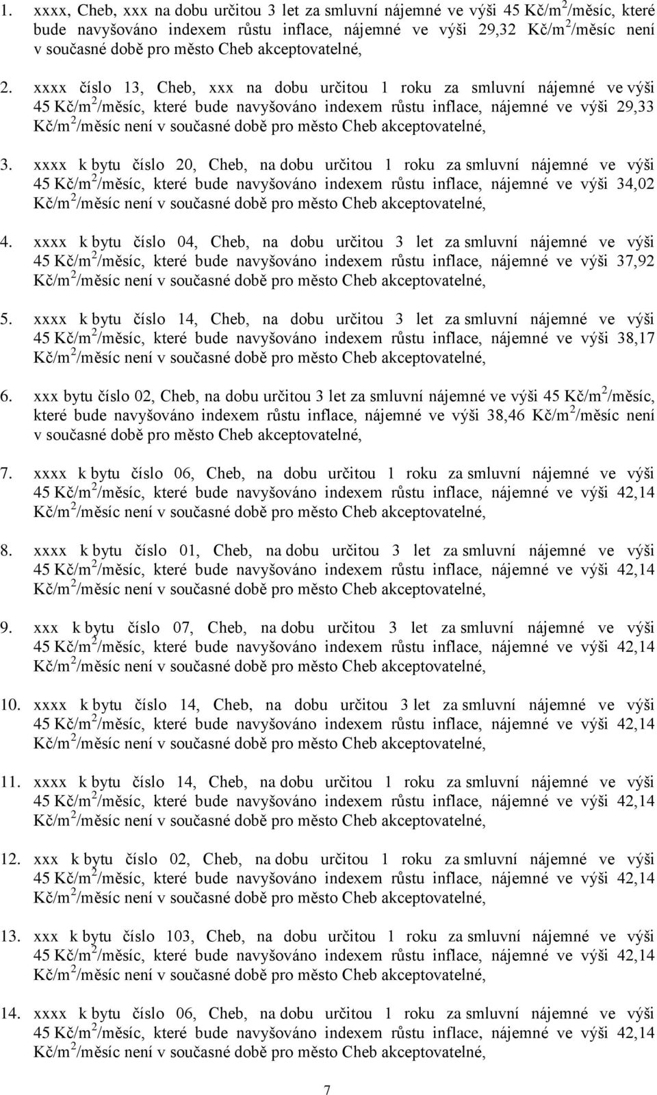 xxxx číslo 13, Cheb, xxx na dobu určitou 1 roku za smluvní nájemné ve výši 45 Kč/m 2 /měsíc, které bude navyšováno indexem růstu inflace, nájemné ve výši 29,33 Kč/m 2 /měsíc není v současné době pro