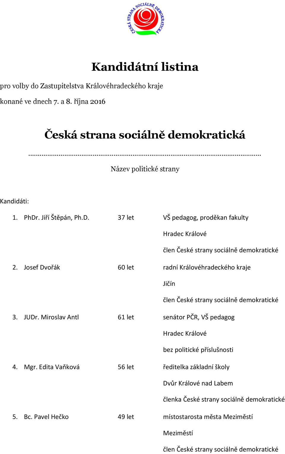 . Jiří Štěpán, Ph.D. 37 let VŠ pedagog, proděkan fakulty 2. Josef Dvořák 60 let radní Královéhradeckého kraje Jičín 3. JUDr.