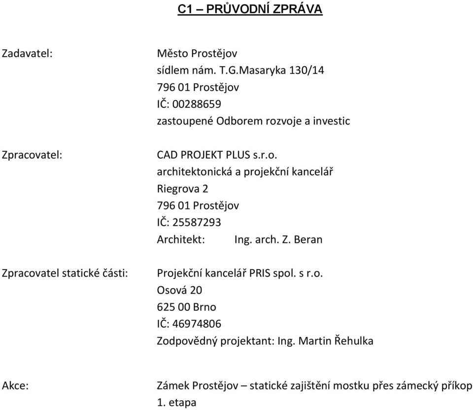 arch. Z. Beran Projekční kancelář PRIS spol. s r.o. Osová 20 625 00 Brno IČ: 46974806 Zodpovědný projektant: Ing.