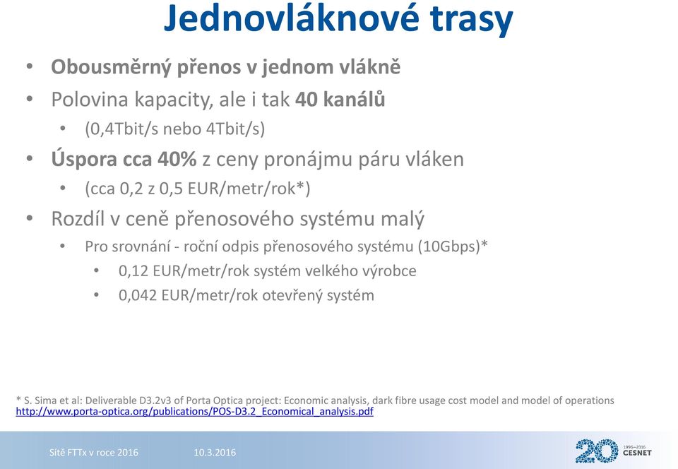 (10Gbps)* 0,12 EUR/metr/rok systém velkého výrobce 0,042 EUR/metr/rok otevřený systém * S. Sima et al: Deliverable D3.