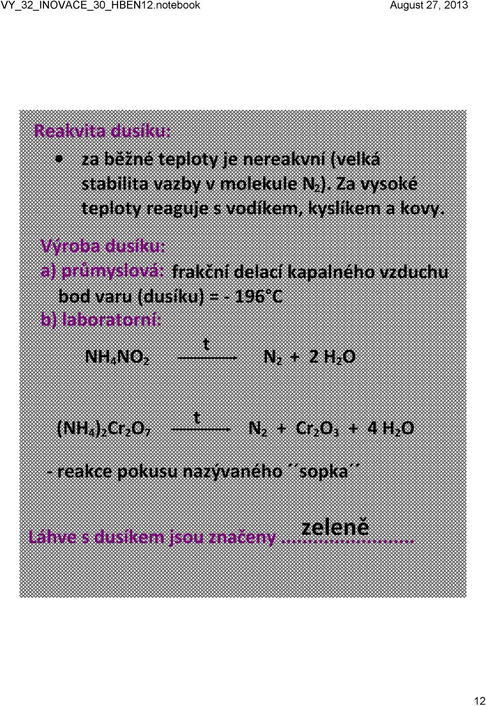 Výroba dusíku: a) průmyslová: frakční delací kapalného vzduchu bod varu (dusíku) = 196 C b)