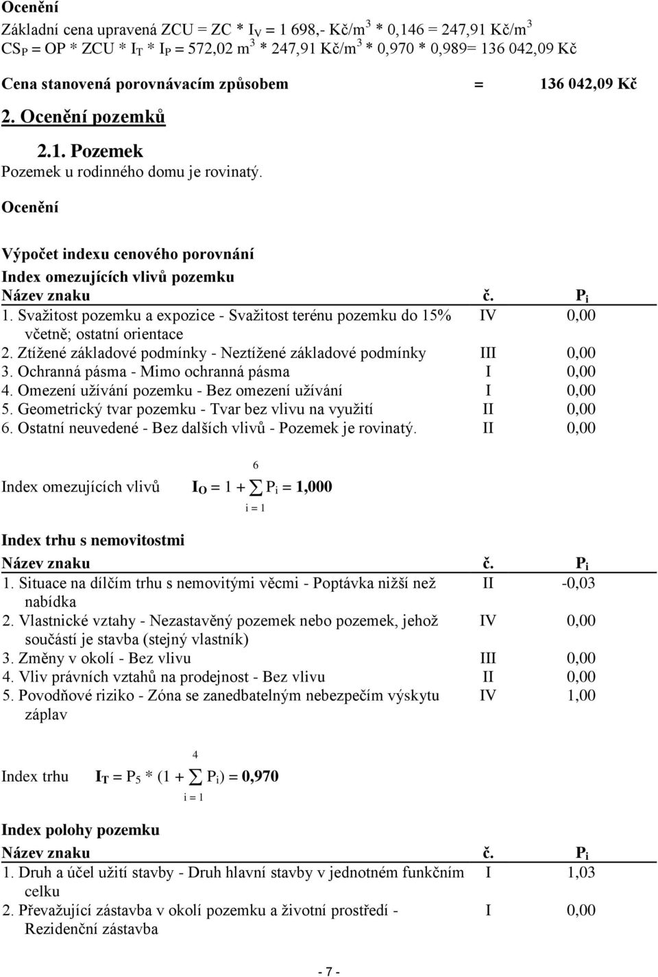 P i 1. Svažitost pozemku a expozice - Svažitost terénu pozemku do 15% IV 0,00 včetně; ostatní orientace 2. Ztížené základové podmínky - Neztížené základové podmínky III 0,00 3.