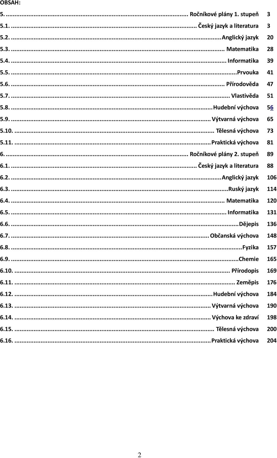 2.... Anglický jazyk 106 6.3.... Ruský jazyk 114 6.4.... Matematika 120 6.5.... Informatika 131 6.6.... Dějepis 136 6.7.... Občanská výchova 148 6.8.... Fyzika 157 6.9....Chemie 165 6.10.... Přírodopis 169 6.