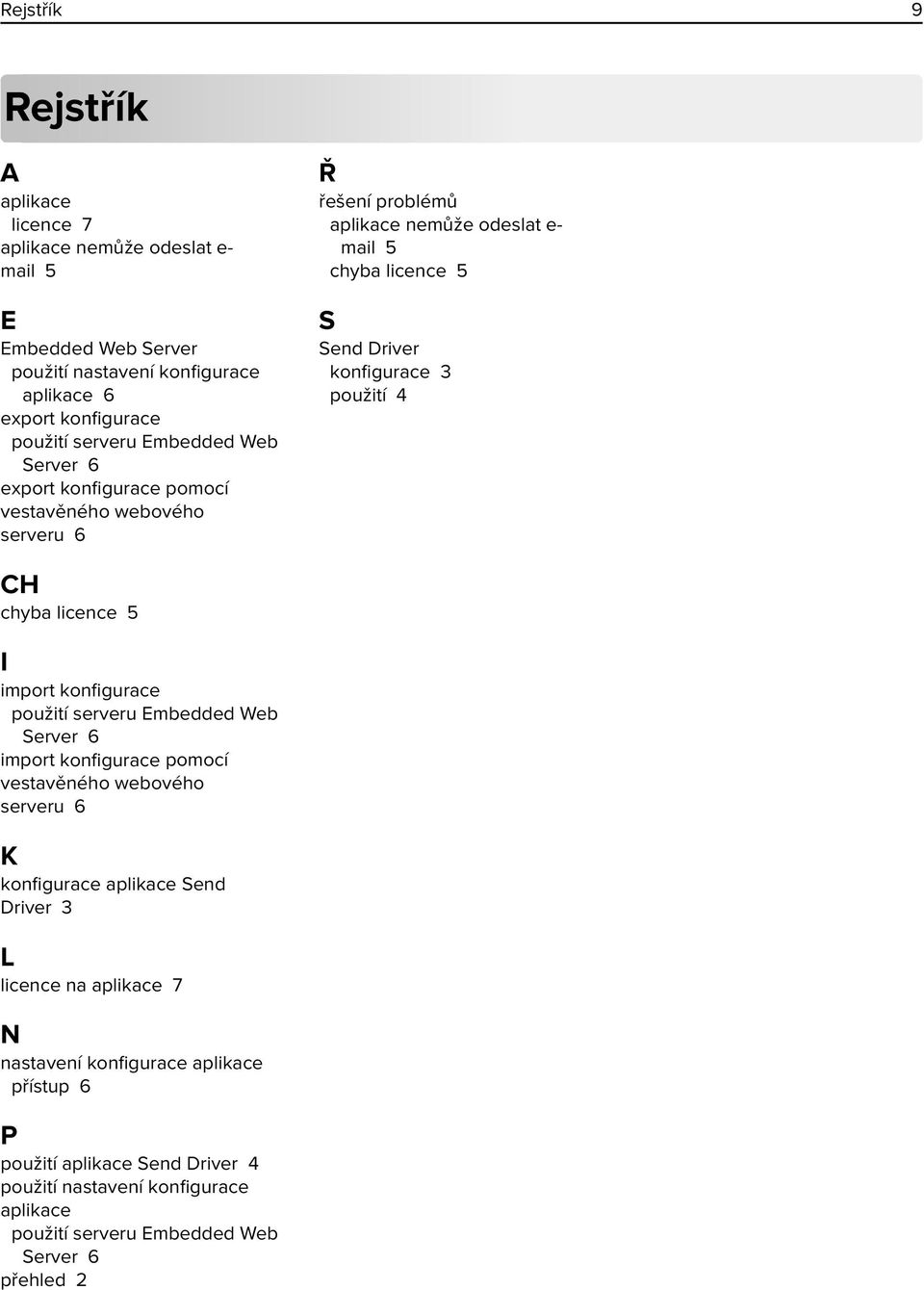 použití 4 CH chyba licence 5 I import konfigurace použití serveru Embedded Web Server 6 import konfigurace pomocí vestavěného webového serveru 6 K konfigurace aplikace Send