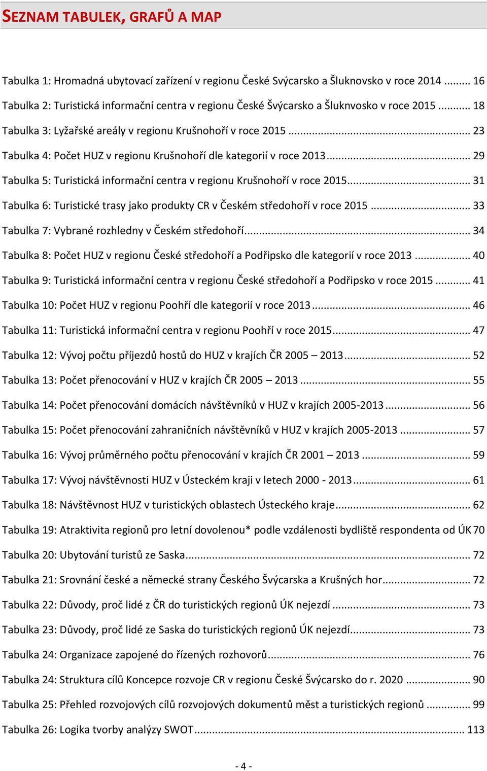 .. 23 Tabulka 4: Počet HUZ v regionu Krušnohoří dle kategorií v roce 2013... 29 Tabulka 5: Turistická informační centra v regionu Krušnohoří v roce 2015.