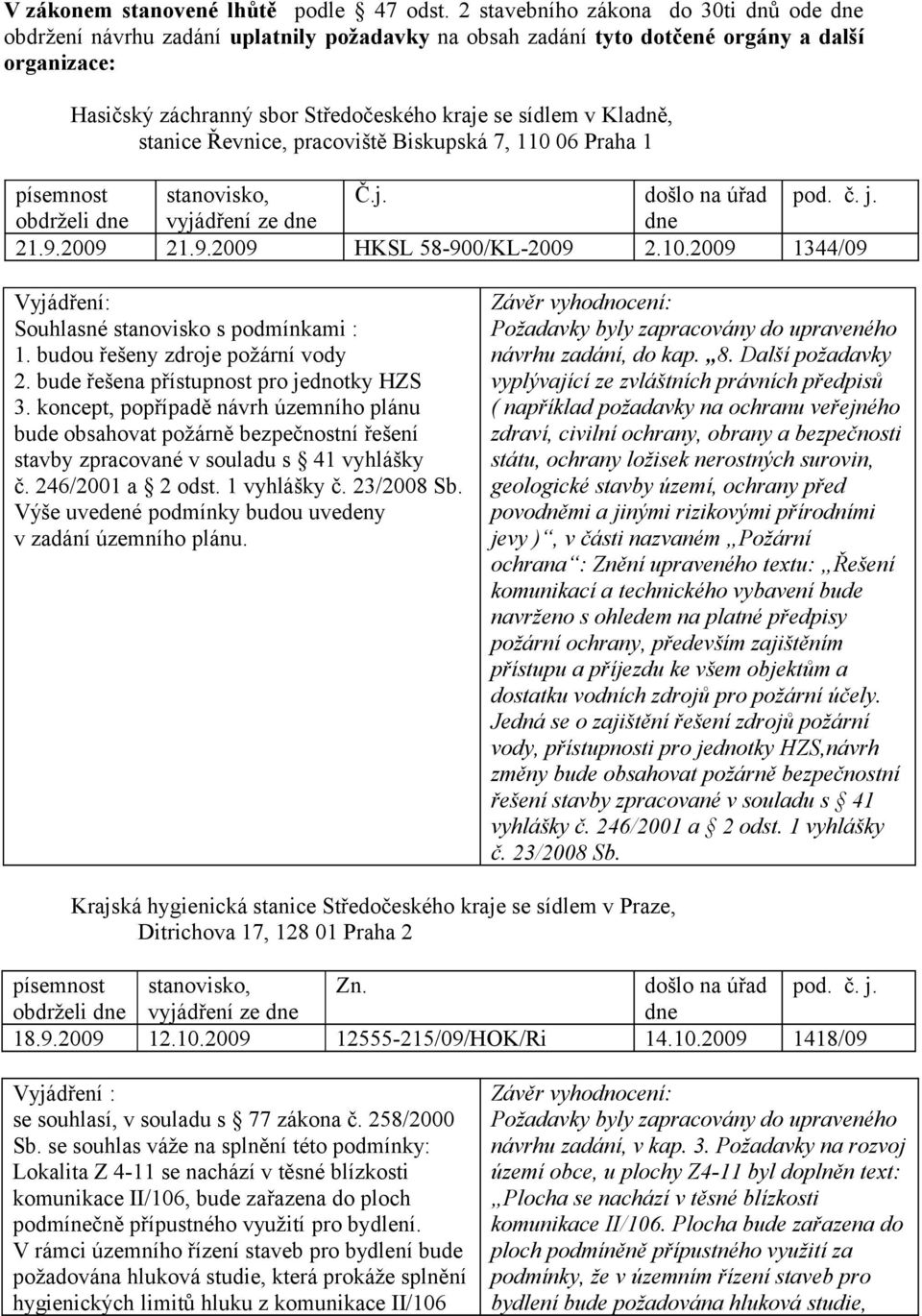 stanice Řevnice, pracoviště Biskupská 7, 110 06 Praha 1 písemnost stanovisko, Č.j. obdrželi vyjádření ze 21.9.2009 21.9.2009 HKSL 58-900/KL-2009 2.10.2009 1344/09 Vyjádření: Souhlasné stanovisko s podmínkami : 1.