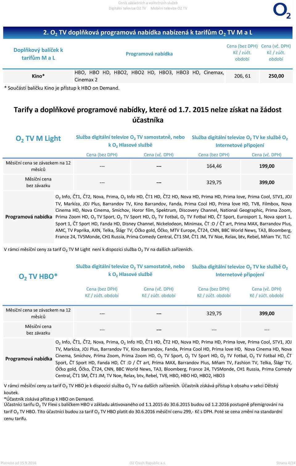 2015 nelze získat na žádost účastníka O 2 TV M Light Měsíční cena se závazkem na 12 měsíců Měsíční cena bez závazku Služba digitální televize O 2 TV samostatně, nebo k O 2 Hlasové službě Služba