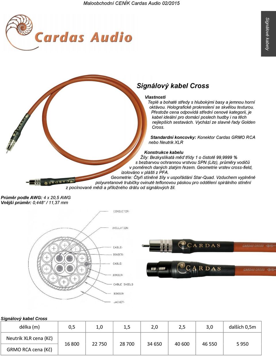 Standardní koncovky: Konektor Cardas GRMO RCA nebo Neutrik XLR Žíly: Bezkyslíkatá měď třídy 1 o čistotě 99,9999 % s bezbarvou ochrannou vrstvou SPN (Litz), průměry vodičů v poměrech daných zlatým