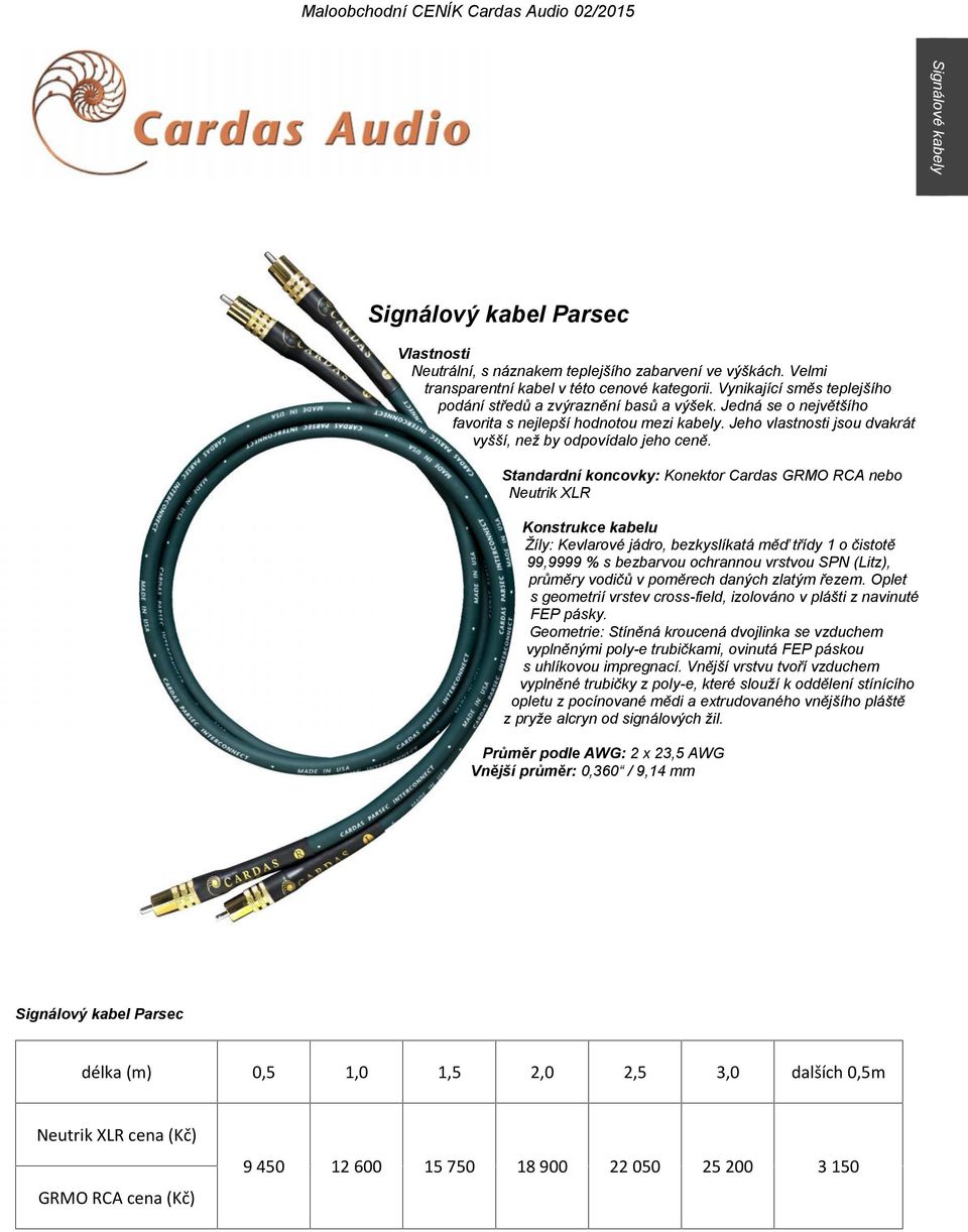 Standardní koncovky: Konektor Cardas GRMO RCA nebo Neutrik XLR Žíly: Kevlarové jádro, bezkyslíkatá měď třídy 1 o čistotě 99,9999 % s bezbarvou ochrannou vrstvou SPN (Litz), průměry vodičů v poměrech