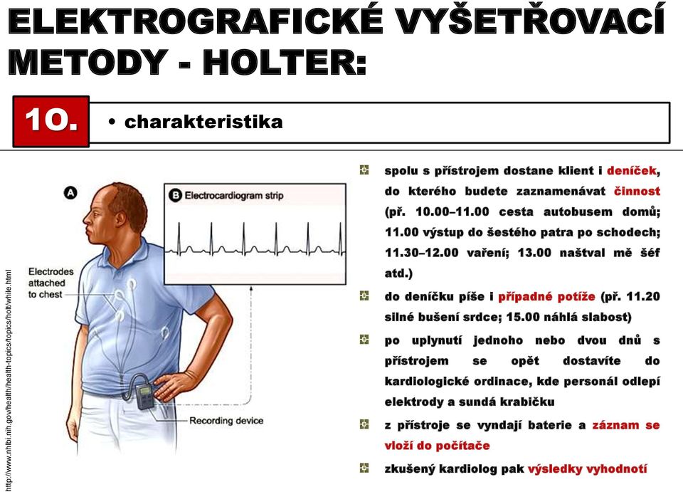 00 výstup do šestého patra po schodech; 11.30 12.00 vaření; 13.00 naštval mě šéf atd.) do deníčku píše i případné potíže (př. 11.20 silné bušení srdce; 15.