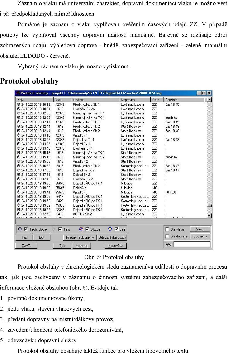 Barevně se rozlišuje zdroj zobrazených údajů: výhledová doprava - hnědě, zabezpečovací zařízení - zeleně, manuální obsluha ELDODO - červeně. Vybraný záznam o vlaku je možno vytisknout.