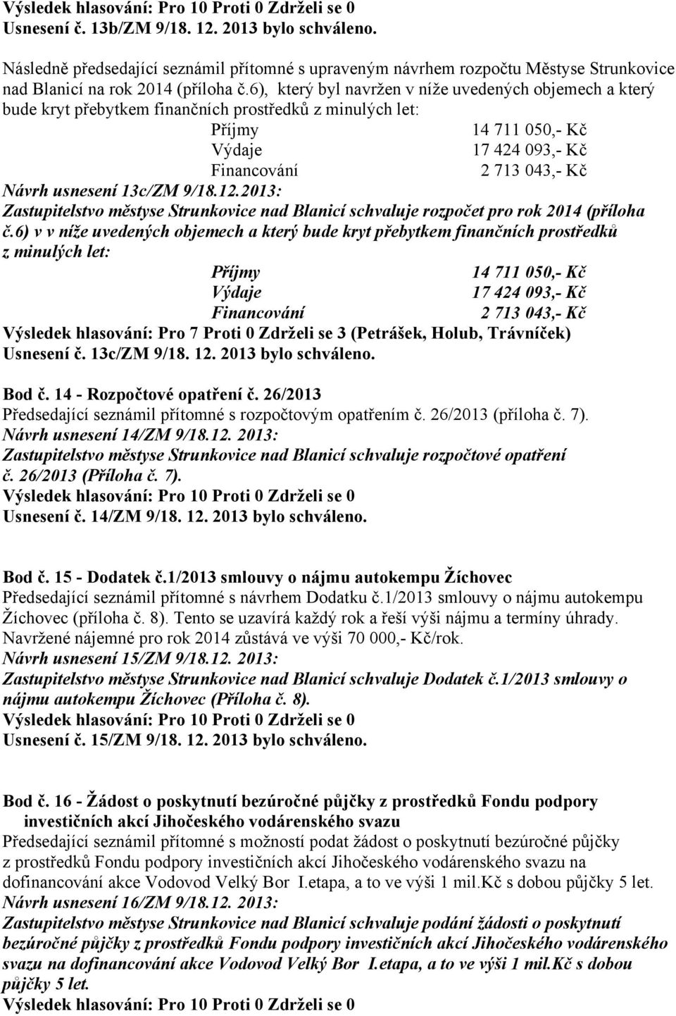 usnesení 13c/ZM 9/18.12.2013: Zastupitelstvo městyse Strunkovice nad Blanicí schvaluje rozpočet pro rok 2014 (příloha č.