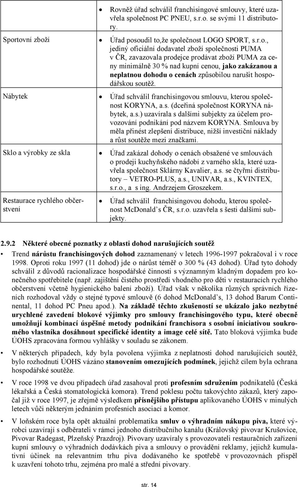 soutěž. Nábytek Úřad schválil franchisingovou smlouvu, kterou společnost KORYNA, a.s. (dceřiná společnost KORYNA nábytek, a.s.) uzavírala s dalšími subjekty za účelem provozování podnikání pod názvem KORYNA.