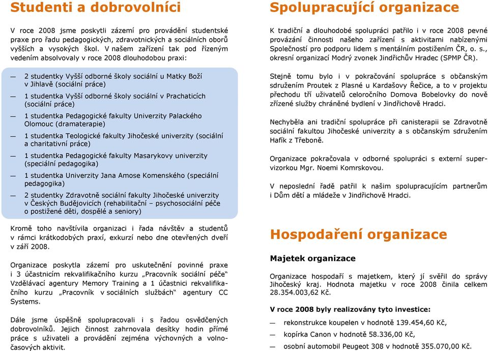 sociální v Prachaticích (sociální práce) 1 studentka Pedagogické fakulty Univerzity Palackého Olomouc (dramaterapie) 1 studentka Teologické fakulty Jihočeské univerzity (sociální a charitativní