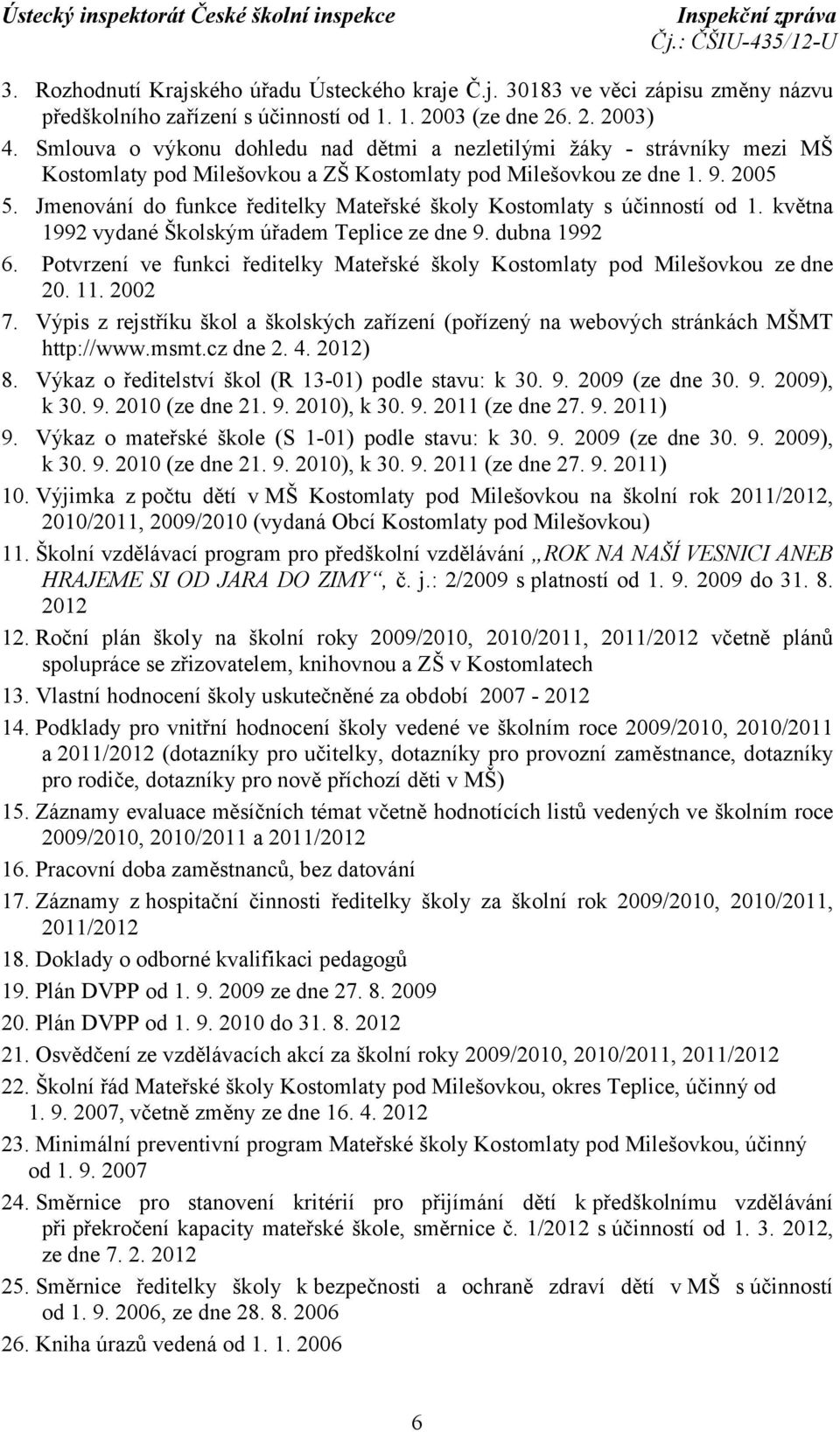 Jmenování do funkce ředitelky Mateřské školy Kostomlaty s účinností od 1. května 1992 vydané Školským úřadem Teplice ze dne 9. dubna 1992 6.